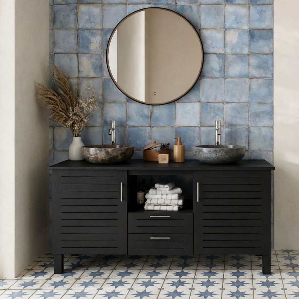 Farmhouse Natural Wood Bathroom Vanity With Slatted Cabinet Doors For Bathroom