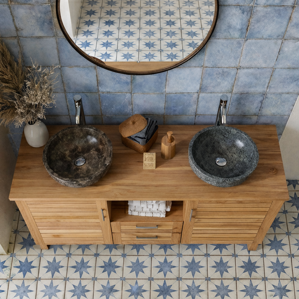 Farmhouse Natural Wood Bathroom Vanity With Slatted Cabinet Doors For Bathroom