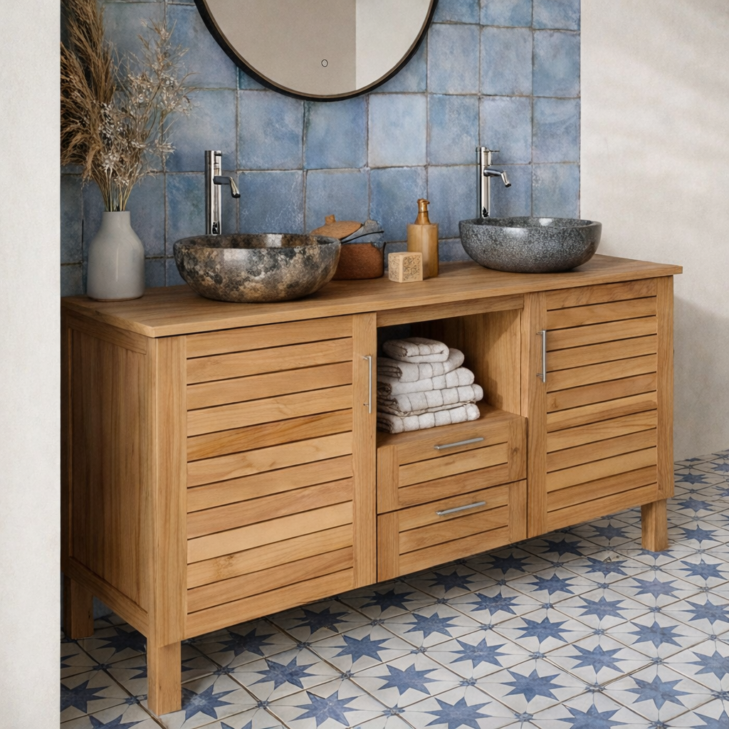 Farmhouse Natural Wood Bathroom Vanity With Slatted Cabinet Doors For Bathroom
