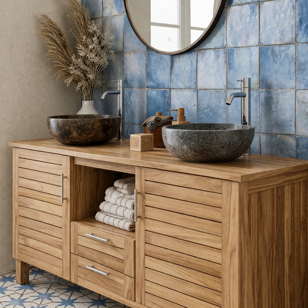 Farmhouse Natural Wood Bathroom Vanity With Slatted Cabinet Doors For Bathroom