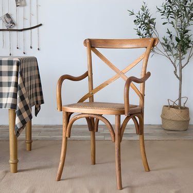 Farmhouse Wooden Dining Arm Chair With Wicker Seat For Dining Room