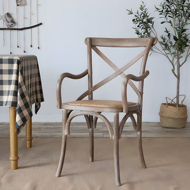 Farmhouse Wooden Dining Arm Chair With Wicker Seat For Dining Room