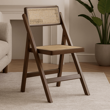 Foldable Solid Wood Chair With Woven Rattan Seat And Backrest