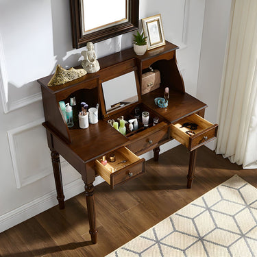French Country Brown Ash Wood Vanity Desk With Drawer For Bedroom