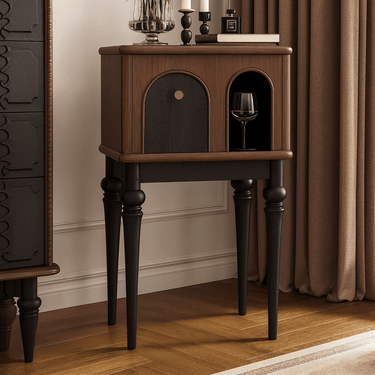 French Country Inspired Oak Wood Nightstand With Arched Door And Open Shelf
