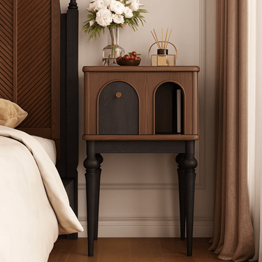French Country Inspired Oak Wood Nightstand With Arched Door And Open Shelf
