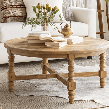Farmhouse Rustic Solid Wood Round Coffee Table For Living Room