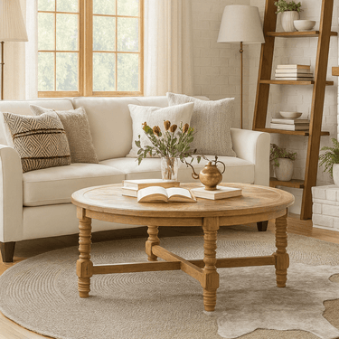 Farmhouse Rustic Solid Wood Round Coffee Table For Living Room