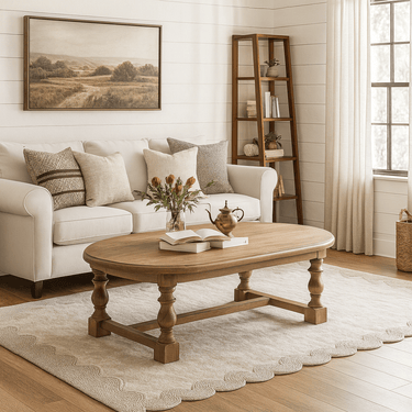 French Farmhouse Solid Wood Oval Coffee Table Turned Leg For Living Room