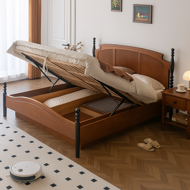 French Country Solid Wood Storage Bed Frame For Bedroom