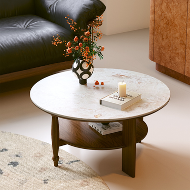 Mid Century Oak Solid Wood Round Marble Top Coffee Table For Living Room