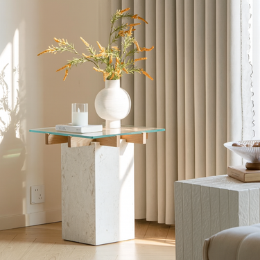 Modern Minimalist Travertine Glass Side Table