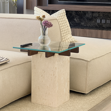 Modern Minimalist Travertine Glass Side Table