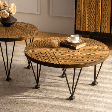 Hand-Carved Solid Wood Coffee Table With Iron Legs