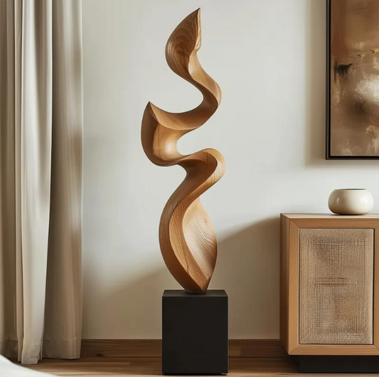 Tall Wooden Lyrical Flow Sculpture – Hand-Carved Continuous Twist Design | Modern Organic Statement Art for Home Décor