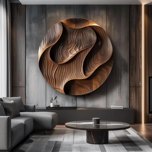 Round Wooden Wall Sculpture – Handmade 3D Organic Wave Design | Modern Luxury Abstract Wall Art