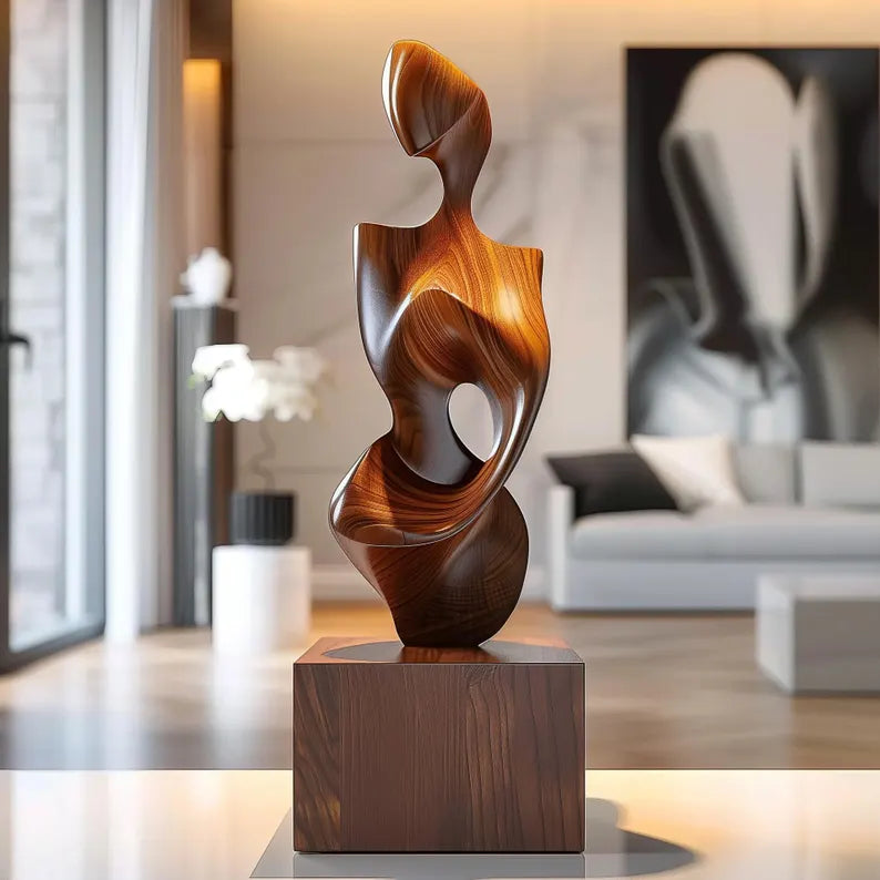 Abstract Wooden Female Sculpture – Handmade Modern Goddess Statue with Elegant Curves | Solid Wood Artistic Home Decor
