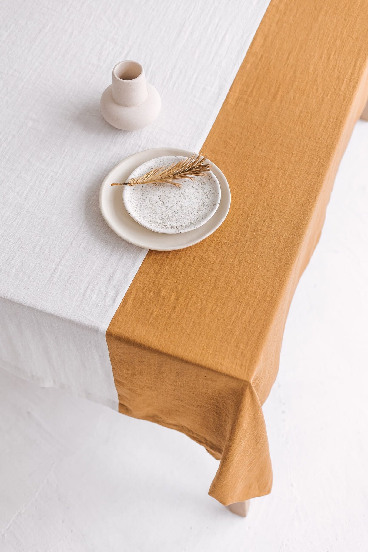 Color Block Amber Linen Tablecloth, Off White Soft Linen Tablecloth