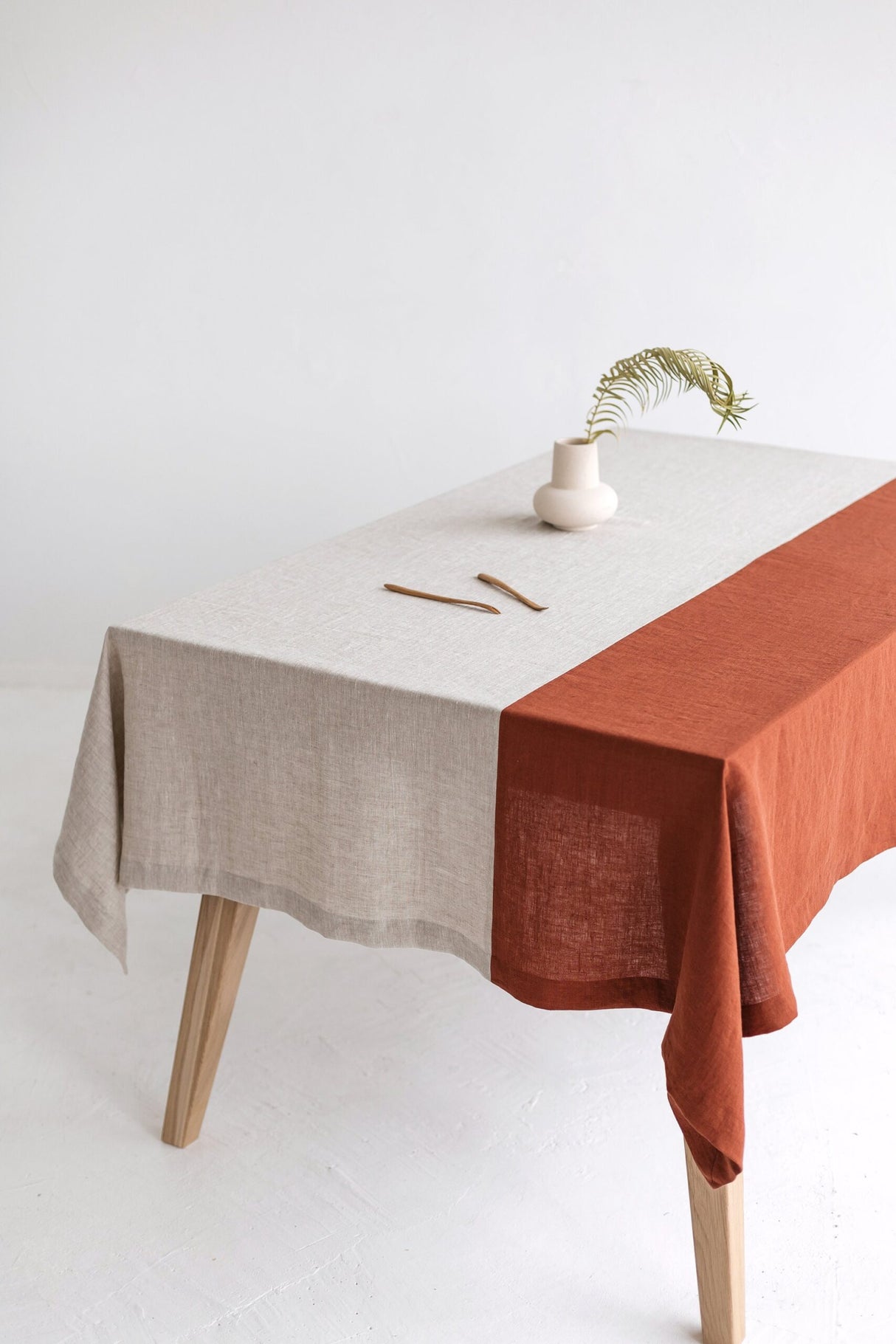 Color Block Amber Linen Tablecloth, Off White Soft Linen Tablecloth