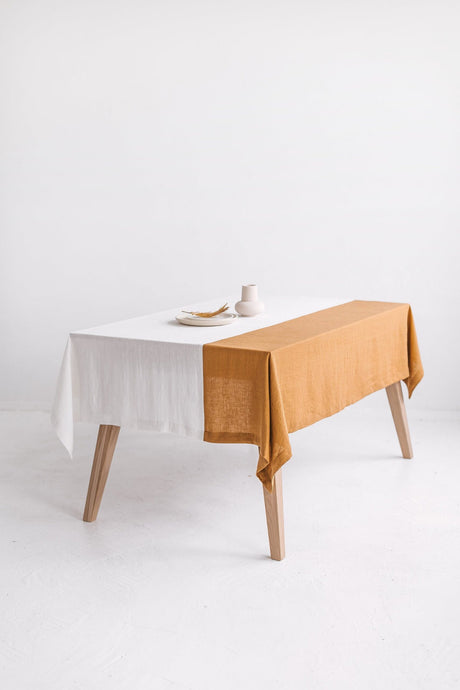 Color Block Amber Linen Tablecloth, Off White Soft Linen Tablecloth