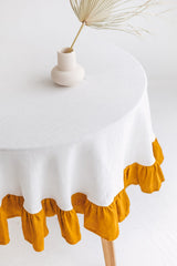 Round Linen Tablecloth With Ruffle,Ruffled Linen Tablecloth