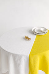 Color Block Yellow Round Linen Tablecloth, Off White Soft Round Linen Tablecloth