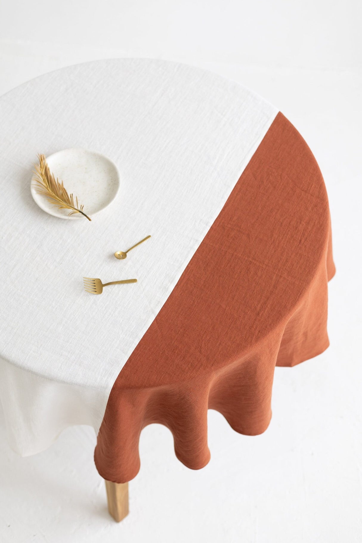 Color Block Yellow Round Linen Tablecloth, Off White Soft Round Linen Tablecloth