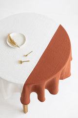 Color Block Yellow Round Linen Tablecloth, Off White Soft Round Linen Tablecloth