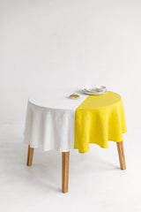 Color Block Yellow Round Linen Tablecloth, Off White Soft Round Linen Tablecloth