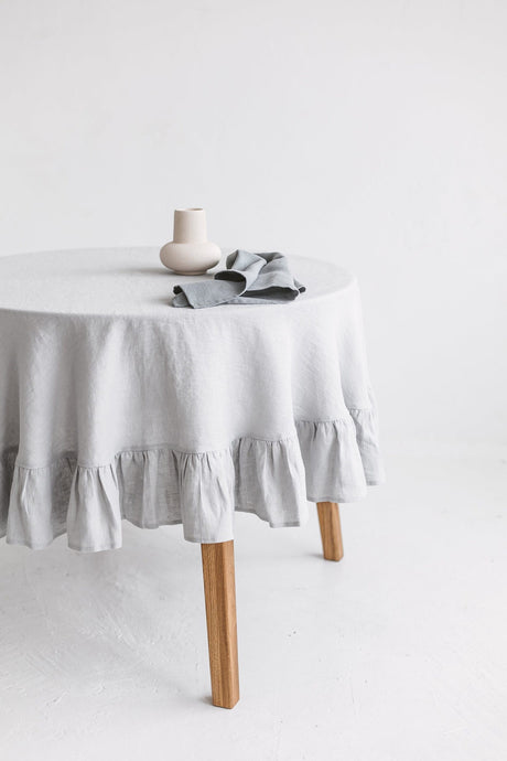 Round Linen Tablecloth With Ruffle,Ruffled Linen Tablecloth