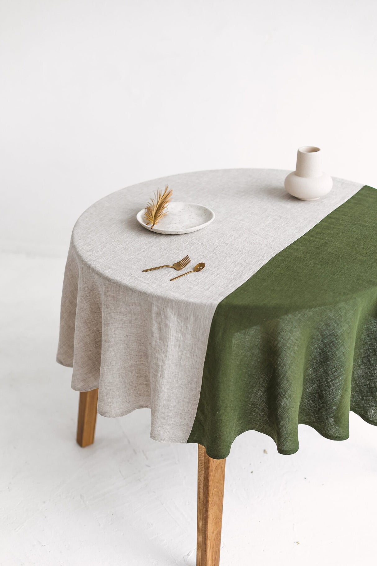 Color Block Yellow Round Linen Tablecloth, Off White Soft Round Linen Tablecloth