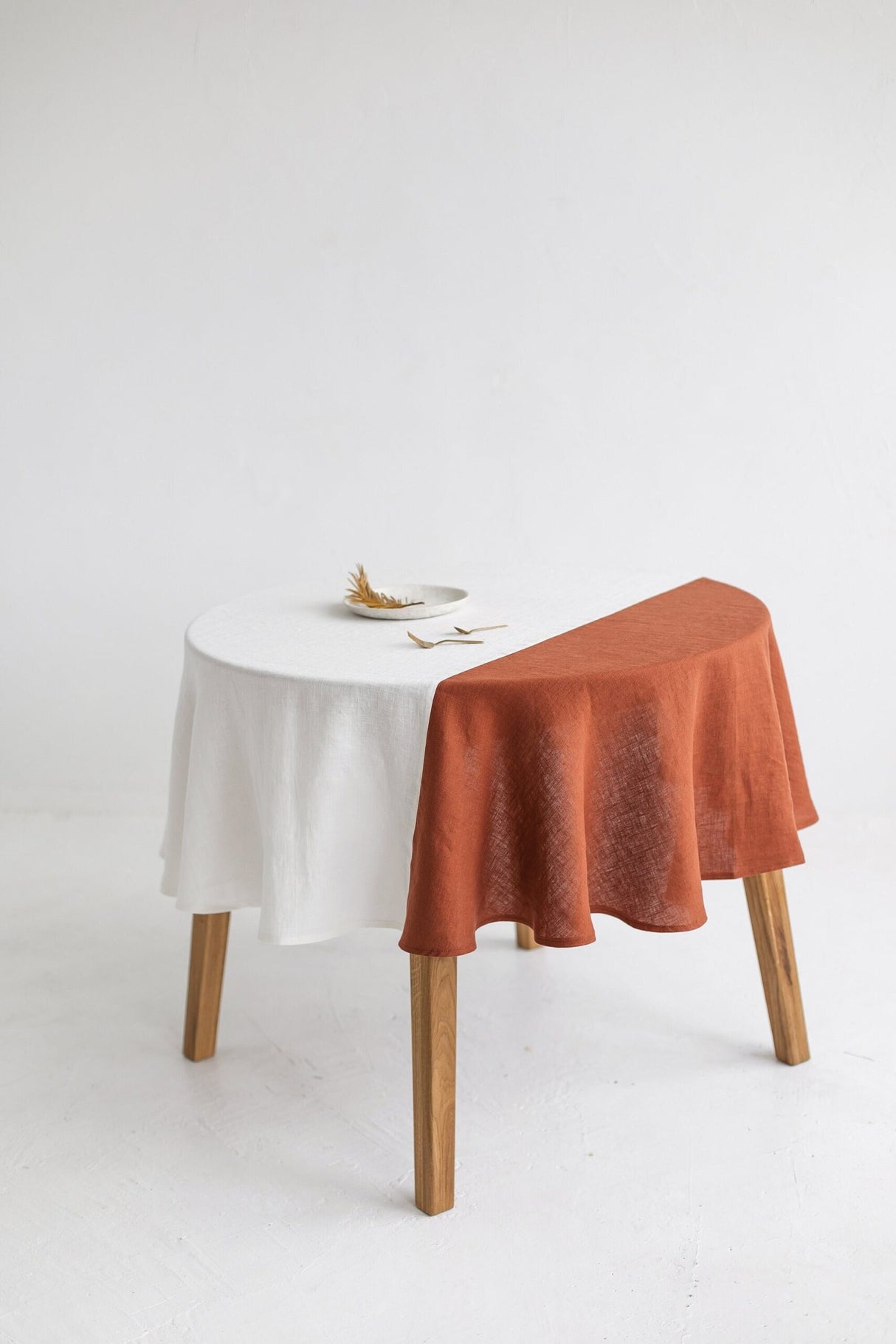 Color Block Yellow Round Linen Tablecloth, Off White Soft Round Linen Tablecloth