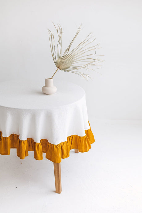 Round Linen Tablecloth With Ruffle,Ruffled Linen Tablecloth