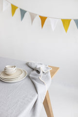 Cloud Grey Linen Pom Pom Tablecloth, Linen Table Cloth With Tassel