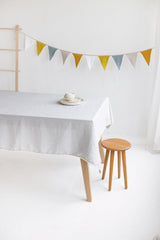 Cloud Grey Linen Pom Pom Tablecloth, Linen Table Cloth With Tassel
