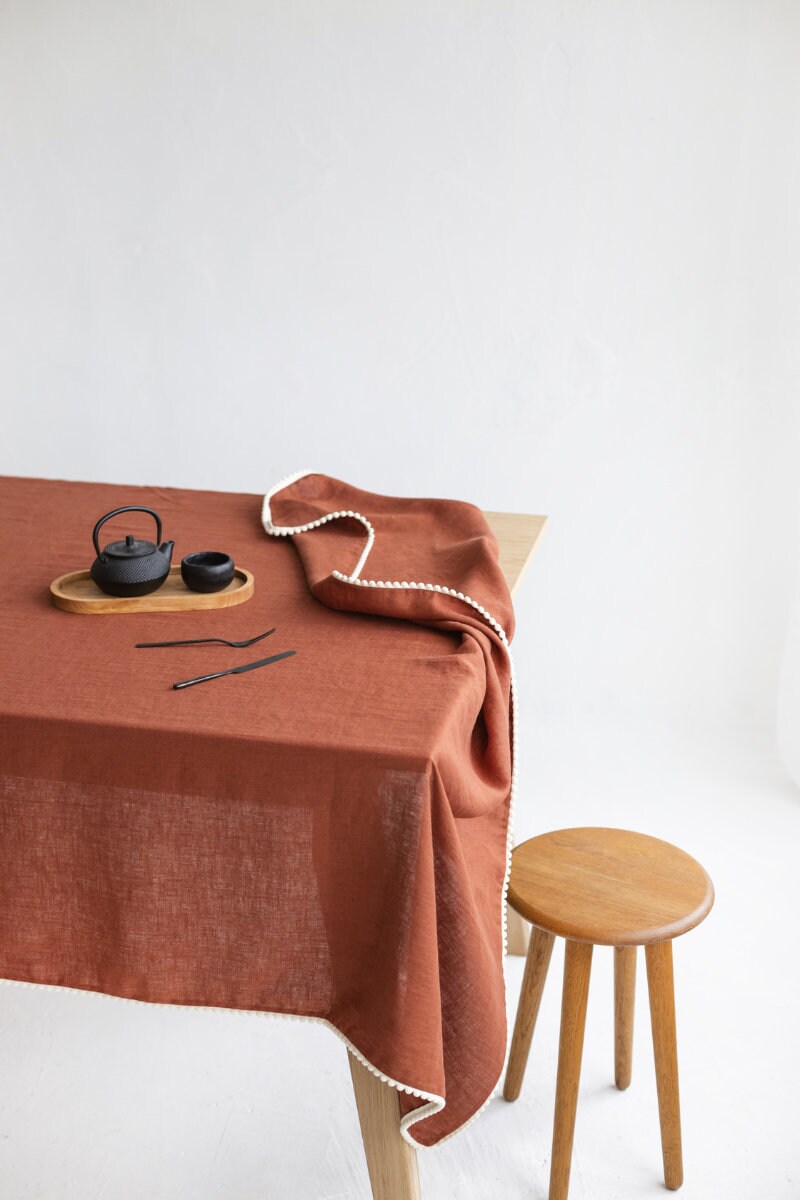 Cloud Grey Linen Pom Pom Tablecloth, Linen Table Cloth With Tassel
