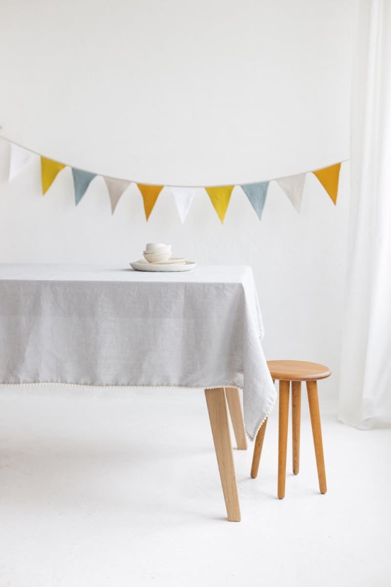 Cloud Grey Linen Pom Pom Tablecloth, Linen Table Cloth With Tassel