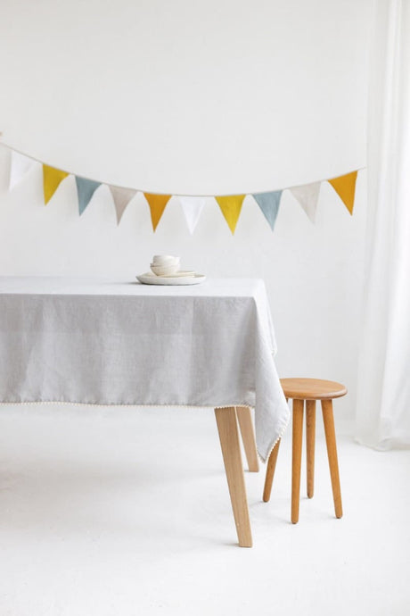 Cloud Grey Linen Pom Pom Tablecloth, Linen Table Cloth With Tassel