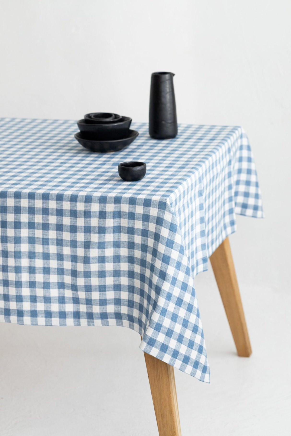 Light Blue Gingham Linen Tablecloth, Soft Linen Tablecloth