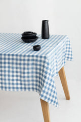 Light Blue Gingham Linen Tablecloth, Soft Linen Tablecloth