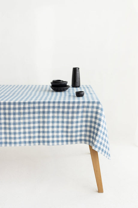 Light Blue Gingham Linen Tablecloth, Soft Linen Tablecloth