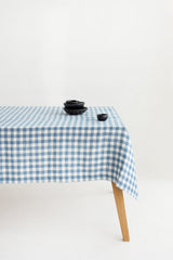 Light Blue Gingham Linen Tablecloth, Soft Linen Tablecloth