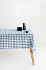 Light Blue Gingham Linen Tablecloth, Soft Linen Tablecloth