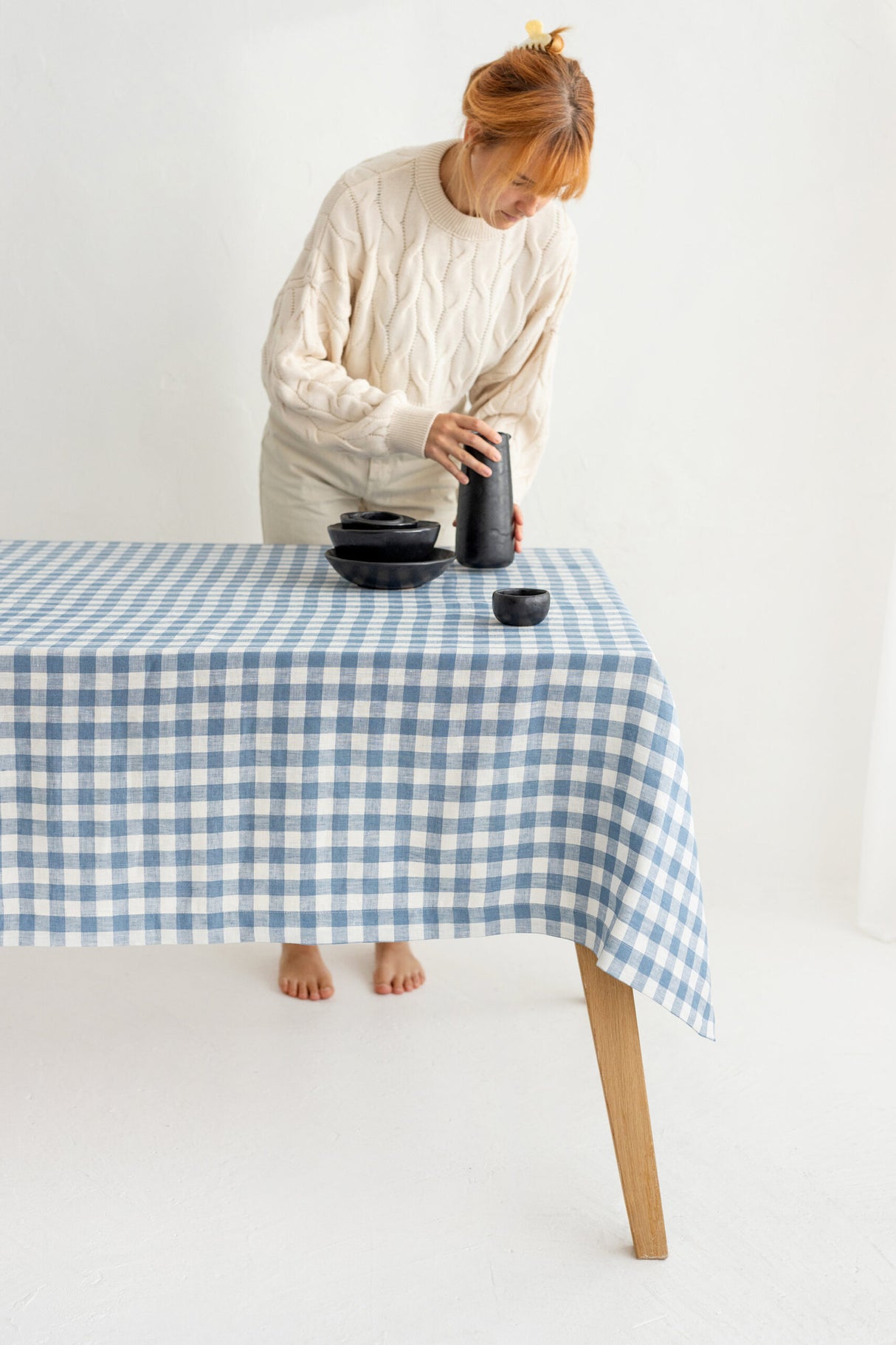 Light Blue Gingham Linen Tablecloth, Soft Linen Tablecloth