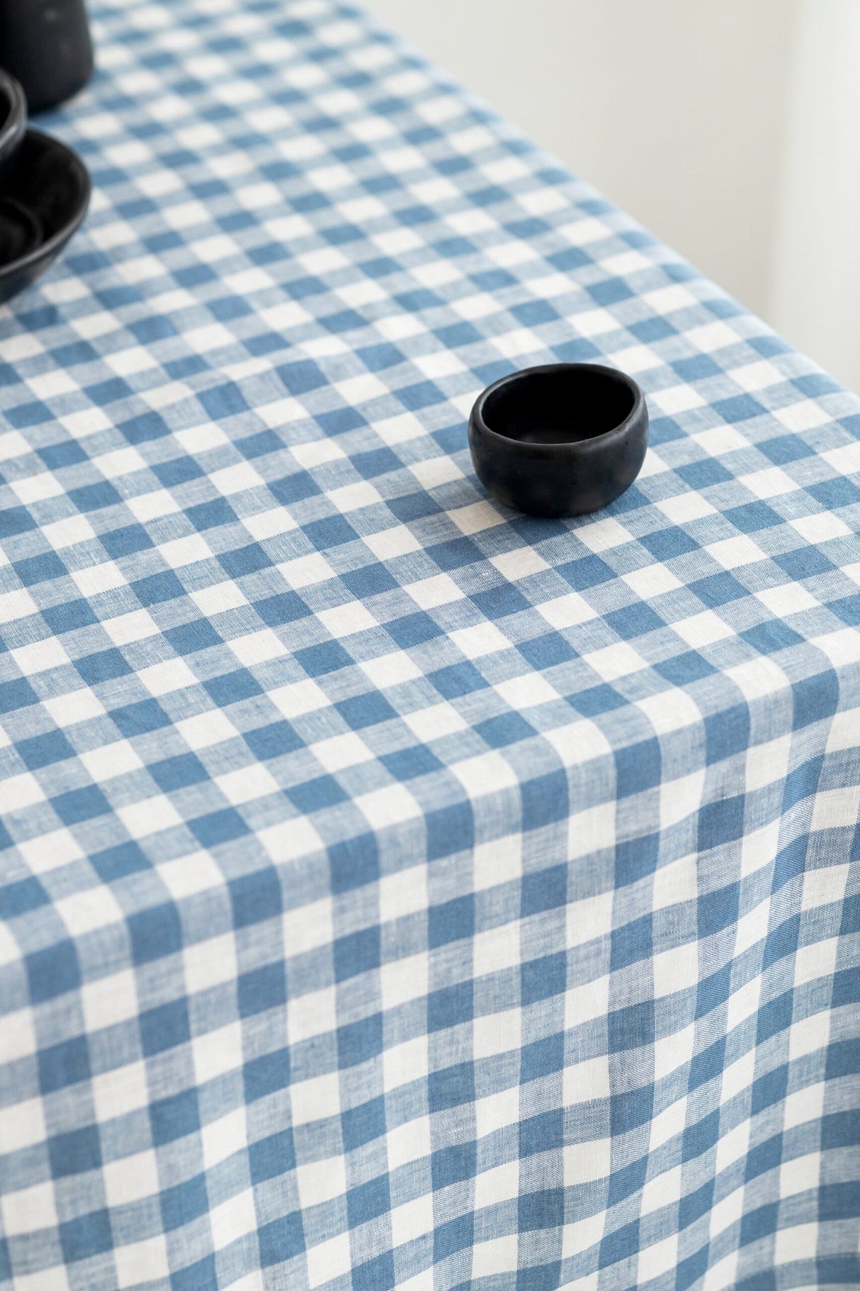 Light Blue Gingham Linen Tablecloth, Soft Linen Tablecloth