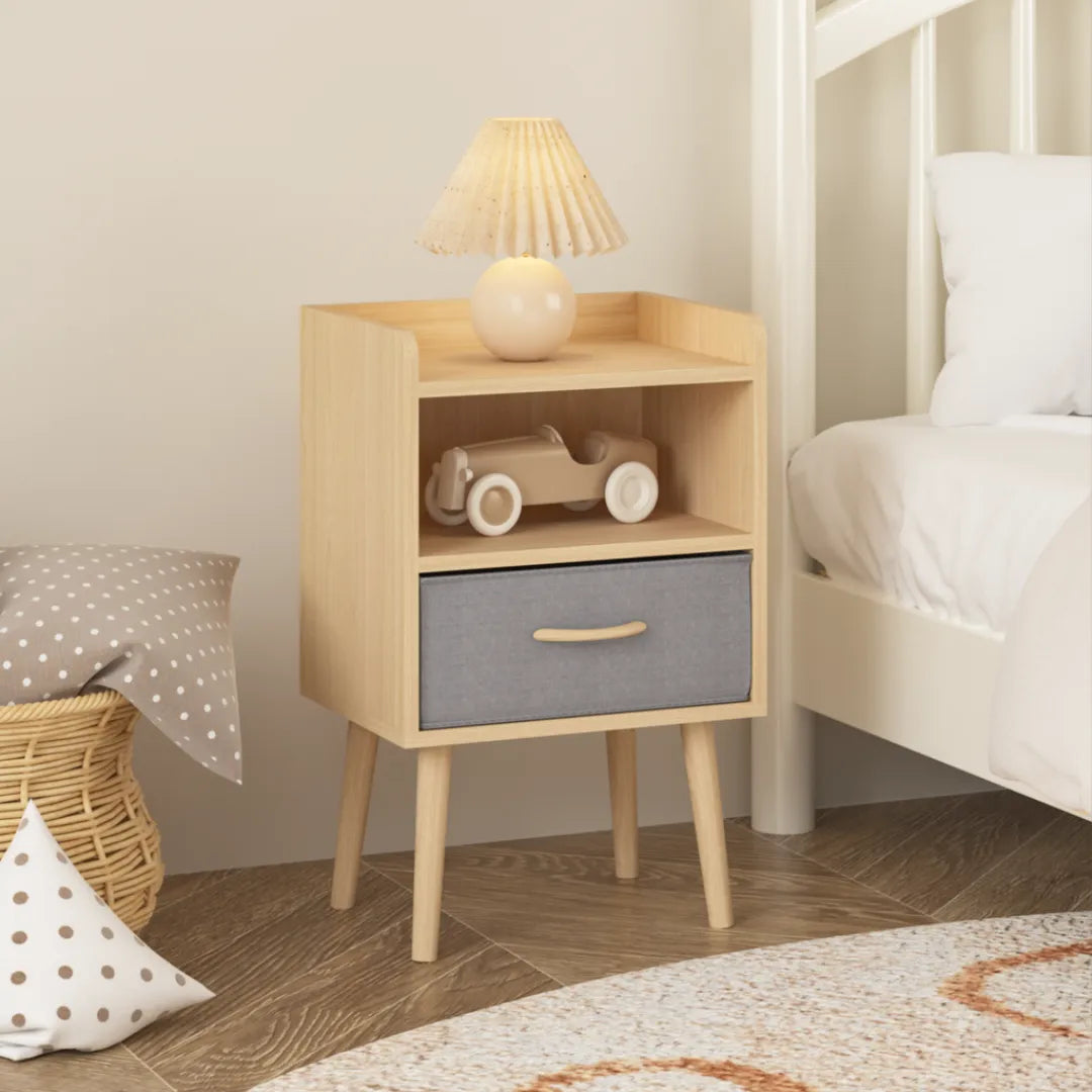 kids wooden nightstand with drawer and open shelf