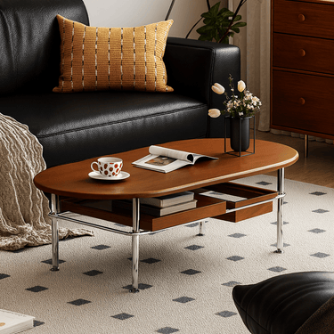 Mid-Century Modern Oval Coffee Table With Chrome Legs For Living Room