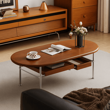 Mid-Century Modern Oval Coffee Table With Chrome Legs For Living Room