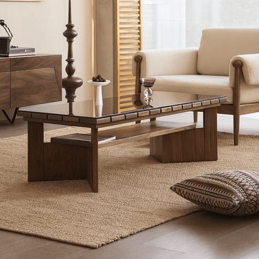 Mid Century Modern Rectangular Coffee Table With Glass Top For Living Room