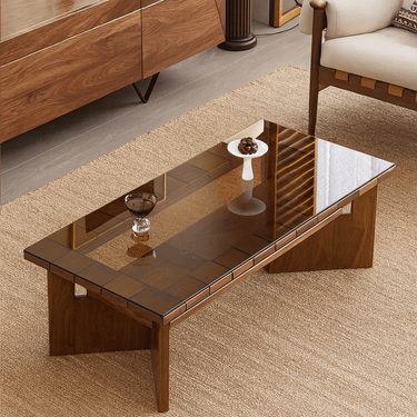Mid Century Modern Rectangular Coffee Table With Glass Top For Living Room